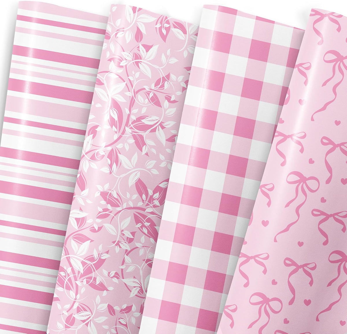 Pink Wrapping Paper Sheet - 8 Sheets Folded Flat Gift Wrap with Cute Ribbon Bow, Pink Plaid, Stripes and Leaves Design for Girl Baby Shower, Birthday, Wedding - 20 X 28 Inch Per Sheet