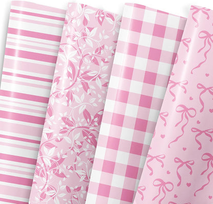 Pink Wrapping Paper Sheet - 8 Sheets Folded Flat Gift Wrap with Cute Ribbon Bow, Pink Plaid, Stripes and Leaves Design for Girl Baby Shower, Birthday, Wedding - 20 X 28 Inch Per Sheet