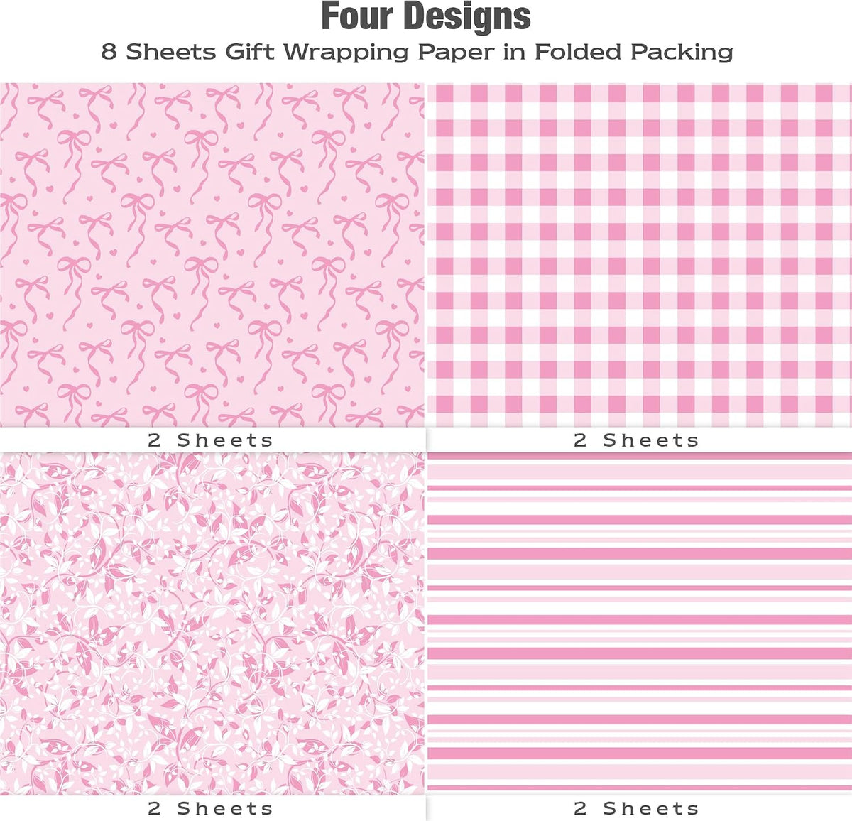 Pink Wrapping Paper Sheet - 8 Sheets Folded Flat Gift Wrap with Cute Ribbon Bow, Pink Plaid, Stripes and Leaves Design for Girl Baby Shower, Birthday, Wedding - 20 X 28 Inch Per Sheet