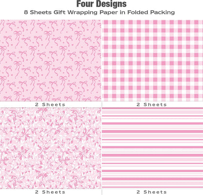 Pink Wrapping Paper Sheet - 8 Sheets Folded Flat Gift Wrap with Cute Ribbon Bow, Pink Plaid, Stripes and Leaves Design for Girl Baby Shower, Birthday, Wedding - 20 X 28 Inch Per Sheet