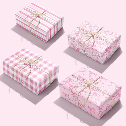 Pink Wrapping Paper Sheet - 8 Sheets Folded Flat Gift Wrap with Cute Ribbon Bow, Pink Plaid, Stripes and Leaves Design for Girl Baby Shower, Birthday, Wedding - 20 X 28 Inch Per Sheet