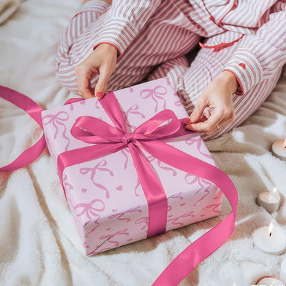 Pink Wrapping Paper Sheet - 8 Sheets Folded Flat Gift Wrap with Cute Ribbon Bow, Pink Plaid, Stripes and Leaves Design for Girl Baby Shower, Birthday, Wedding - 20 X 28 Inch Per Sheet