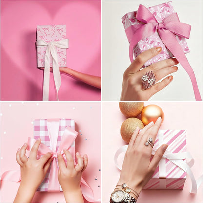 Pink Wrapping Paper Sheet - 8 Sheets Folded Flat Gift Wrap with Cute Ribbon Bow, Pink Plaid, Stripes and Leaves Design for Girl Baby Shower, Birthday, Wedding - 20 X 28 Inch Per Sheet