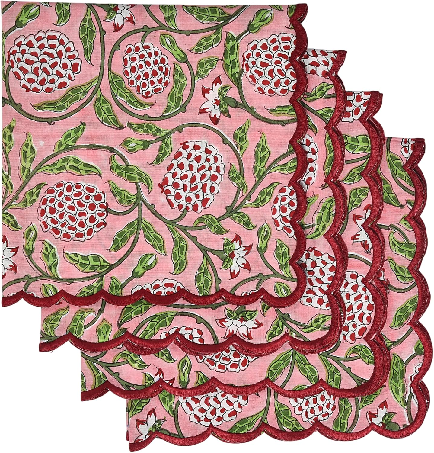 Ridhi Hand Block Print Strawberry Pink 18" x 18" (Set of 4) Embroidery Table Napkins Reusable Cotton Dinner Napkins for Weddings, Parties, Everyday Dining Gift for Spring, Easter, Valentine