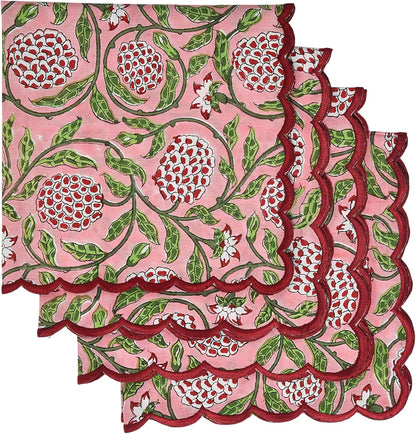 Ridhi Hand Block Print Strawberry Pink 18" x 18" (Set of 4) Embroidery Table Napkins Reusable Cotton Dinner Napkins for Weddings, Parties, Everyday Dining Gift for Spring, Easter, Valentine