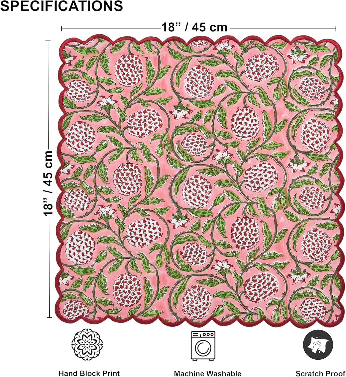 Ridhi Hand Block Print Strawberry Pink 18" x 18" (Set of 4) Embroidery Table Napkins Reusable Cotton Dinner Napkins for Weddings, Parties, Everyday Dining Gift for Spring, Easter, Valentine