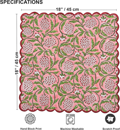 Ridhi Hand Block Print Strawberry Pink 18" x 18" (Set of 4) Embroidery Table Napkins Reusable Cotton Dinner Napkins for Weddings, Parties, Everyday Dining Gift for Spring, Easter, Valentine