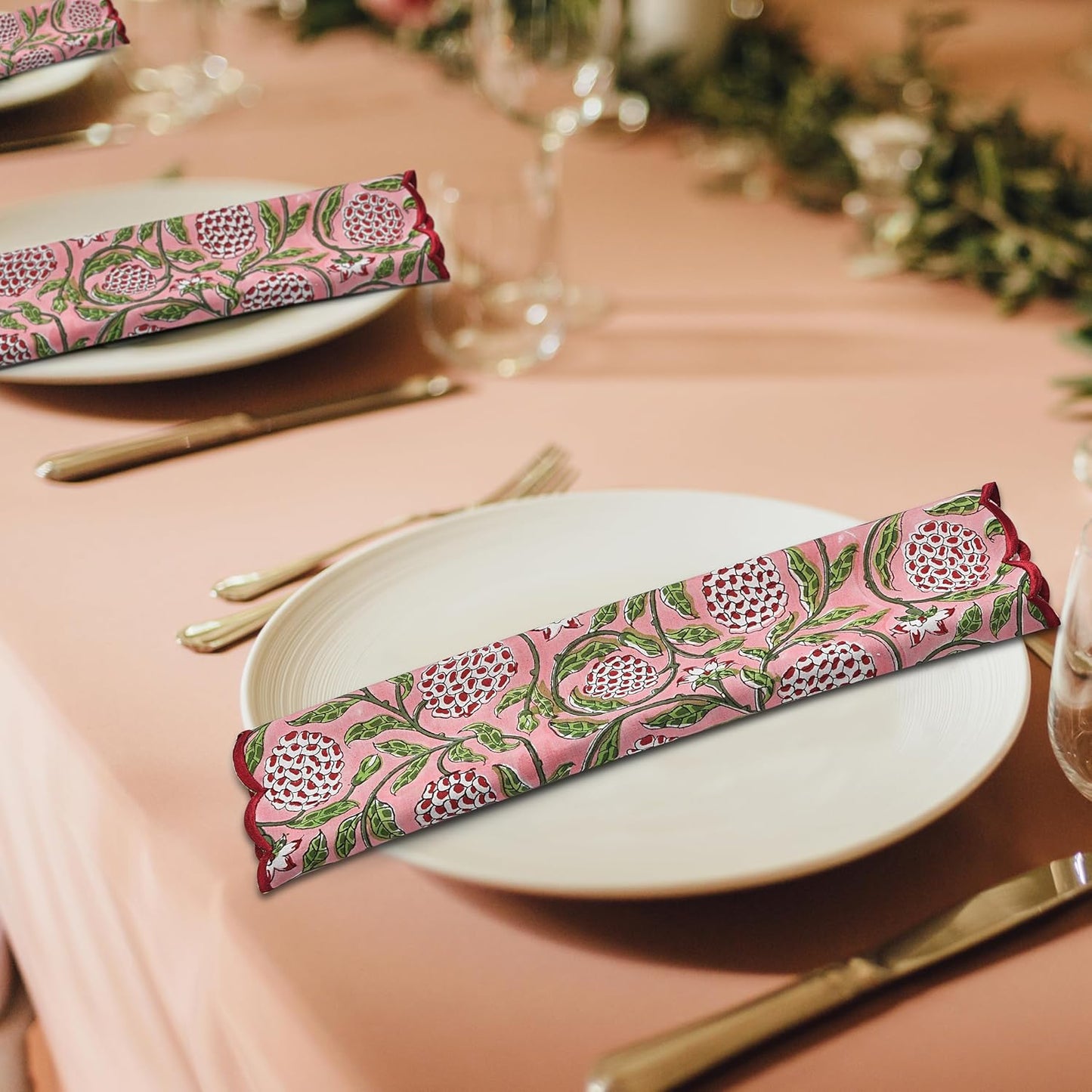 Ridhi Hand Block Print Strawberry Pink 18" x 18" (Set of 4) Embroidery Table Napkins Reusable Cotton Dinner Napkins for Weddings, Parties, Everyday Dining Gift for Spring, Easter, Valentine