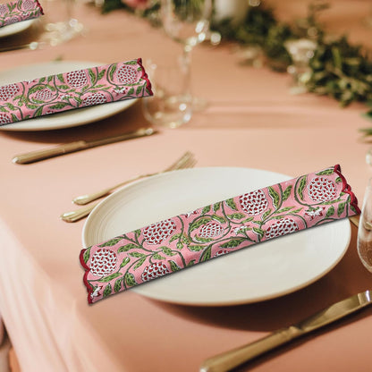 Ridhi Hand Block Print Strawberry Pink 18" x 18" (Set of 4) Embroidery Table Napkins Reusable Cotton Dinner Napkins for Weddings, Parties, Everyday Dining Gift for Spring, Easter, Valentine