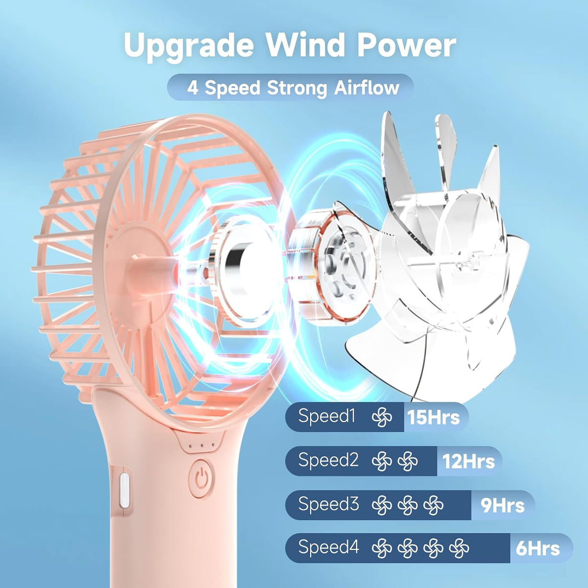 QQT 4-Speed Handheld Fan, 20Hrs, Rechargeable for Travel Desk, Pink