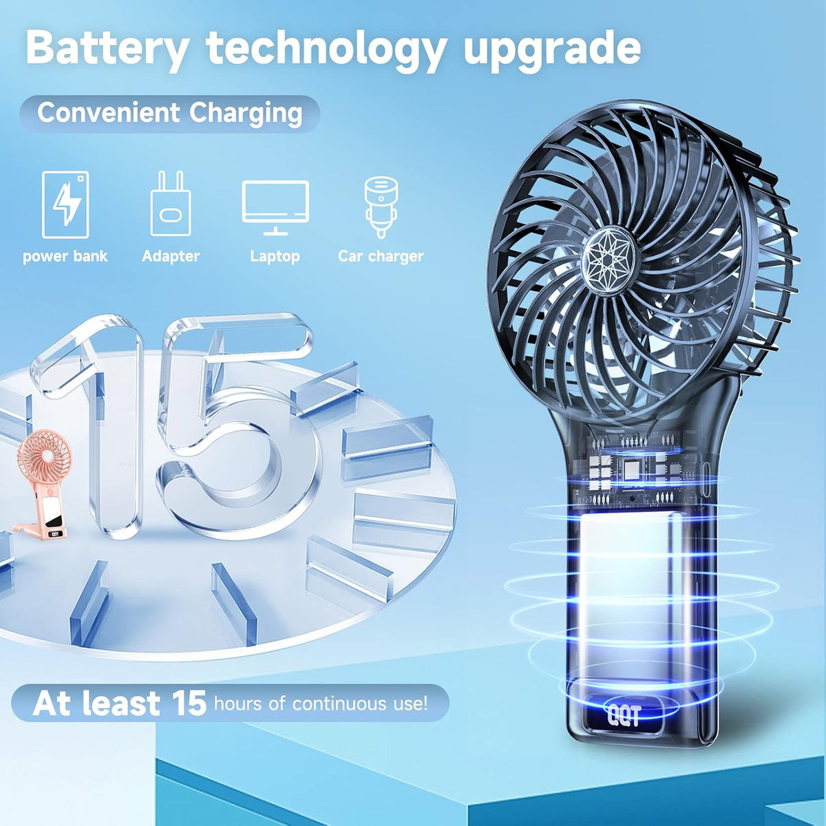 QQT 4-Speed Handheld Fan, 20Hrs, Rechargeable for Travel Desk, Pink