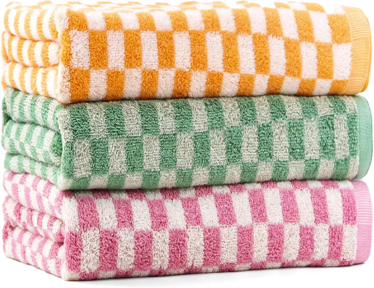 Checkered Bath Towels Set of 3, 100% Cotton Bath Towels Large, 600GSM, 55 * 28 in, Luxury Shower Towels for Bathroom, Soft Absorbent Quick-Dry（Orange+Dark Green+Pink）