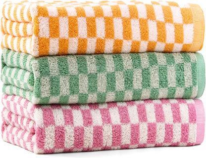 Checkered Bath Towels Set of 3, 100% Cotton Bath Towels Large, 600GSM, 55 * 28 in, Luxury Shower Towels for Bathroom, Soft Absorbent Quick-Dry（Orange+Dark Green+Pink）