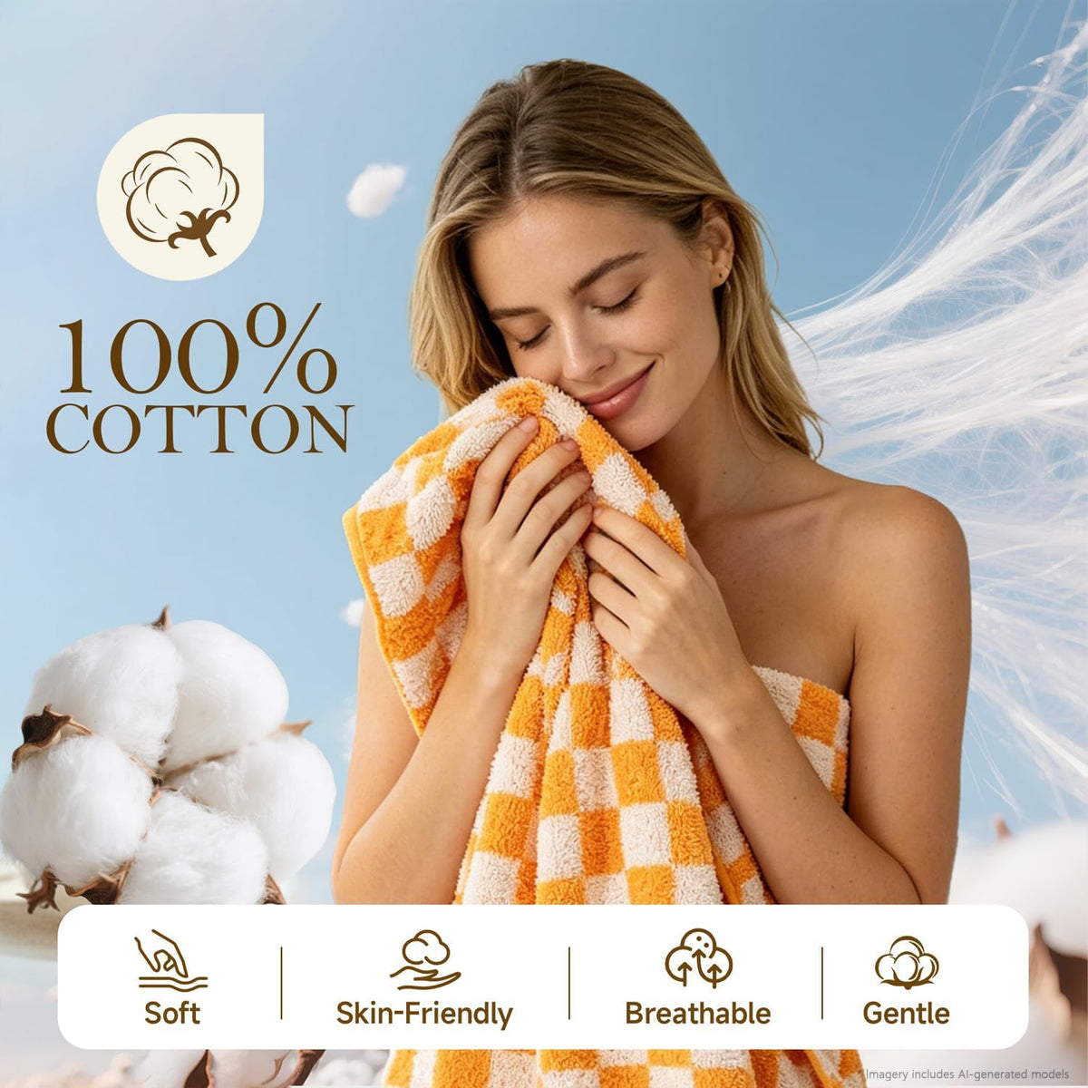 Checkered Bath Towels Set of 3, 100% Cotton Bath Towels Large, 600GSM, 55 * 28 in, Luxury Shower Towels for Bathroom, Soft Absorbent Quick-Dry（Orange+Dark Green+Pink）