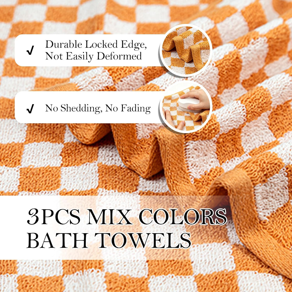 Checkered Bath Towels Set of 3, 100% Cotton Bath Towels Large, 600GSM, 55 * 28 in, Luxury Shower Towels for Bathroom, Soft Absorbent Quick-Dry（Orange+Dark Green+Pink）