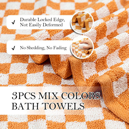 Checkered Bath Towels Set of 3, 100% Cotton Bath Towels Large, 600GSM, 55 * 28 in, Luxury Shower Towels for Bathroom, Soft Absorbent Quick-Dry（Orange+Dark Green+Pink）