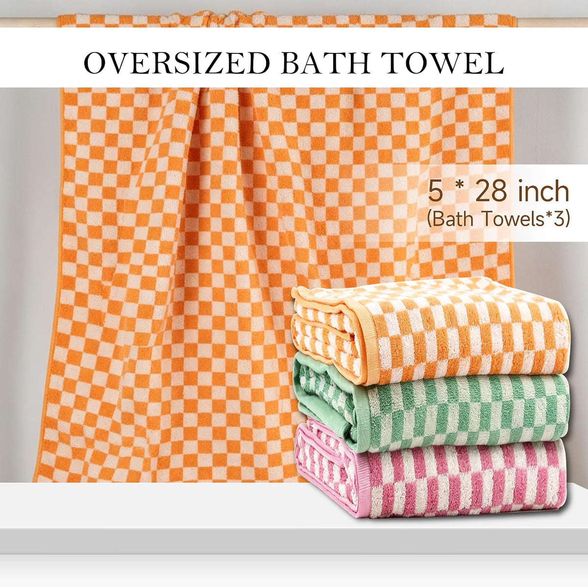 Checkered Bath Towels Set of 3, 100% Cotton Bath Towels Large, 600GSM, 55 * 28 in, Luxury Shower Towels for Bathroom, Soft Absorbent Quick-Dry（Orange+Dark Green+Pink）