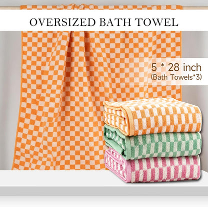 Checkered Bath Towels Set of 3, 100% Cotton Bath Towels Large, 600GSM, 55 * 28 in, Luxury Shower Towels for Bathroom, Soft Absorbent Quick-Dry（Orange+Dark Green+Pink）