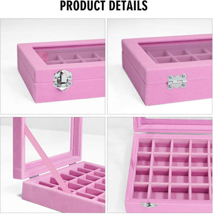 Velvet Jewelry Box 24 Grid Jewelry Ring Display Organiser Box Tray Holder Earrings Storage Case for Girls Wife Mom Women (Pink)