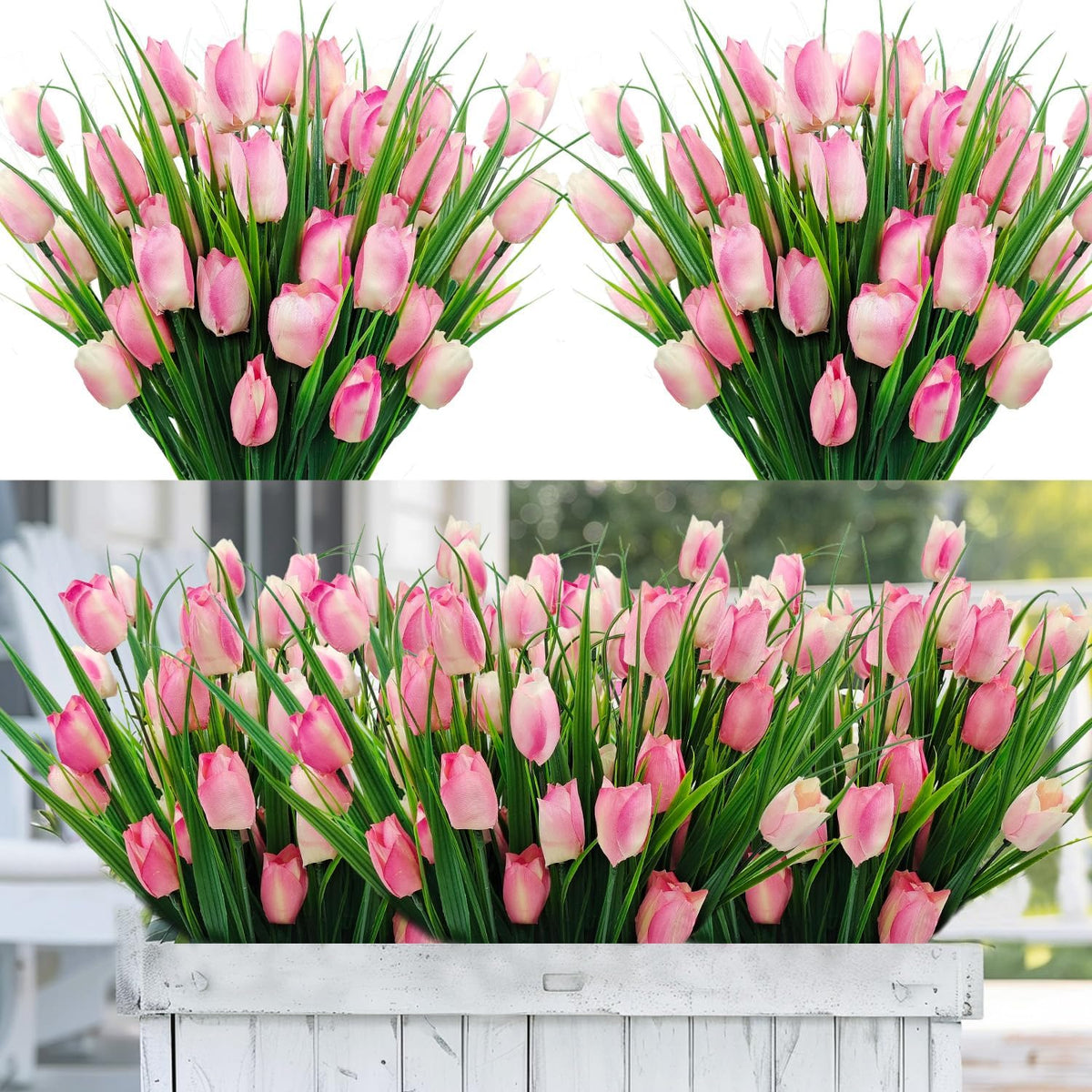 12 Bundles 60 Heads Artificial Tulips Fake Flowers Outdoor UV Resistant Silk Tulip Faux Plastic Greenery Shrubs Plants for Outside Planter Porch Garden Patio Decor (Pink)