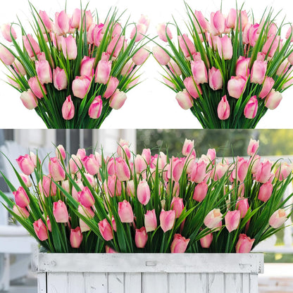 12 Bundles 60 Heads Artificial Tulips Fake Flowers Outdoor UV Resistant Silk Tulip Faux Plastic Greenery Shrubs Plants for Outside Planter Porch Garden Patio Decor (Pink)