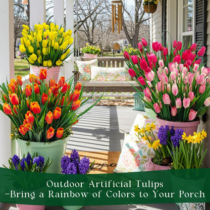 12 Bundles 60 Heads Artificial Tulips Fake Flowers Outdoor UV Resistant Silk Tulip Faux Plastic Greenery Shrubs Plants for Outside Planter Porch Garden Patio Decor (Pink)