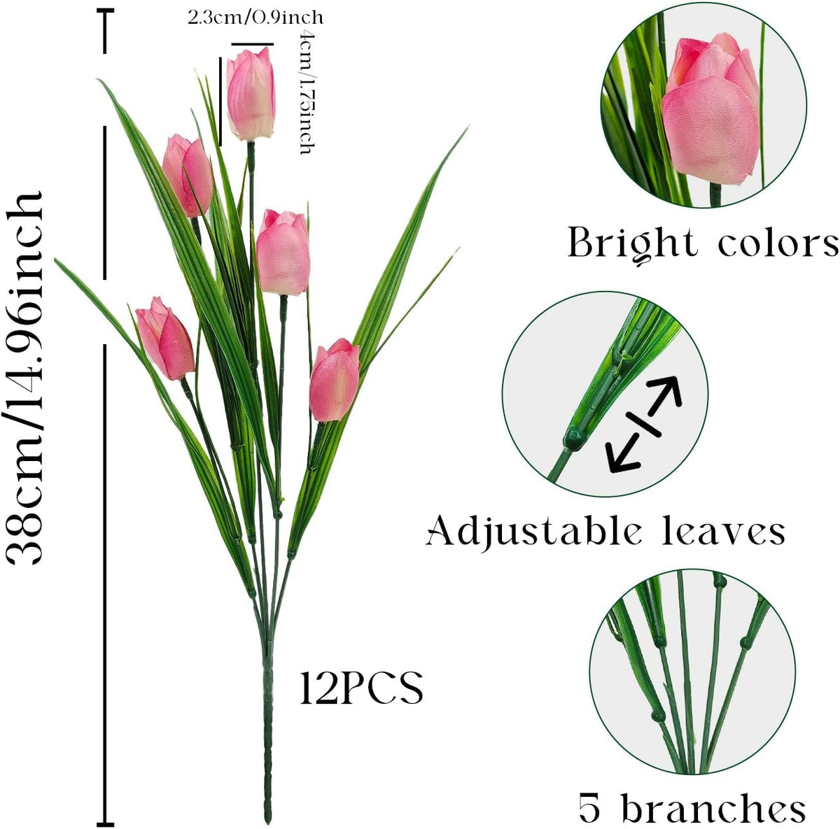 12 Bundles 60 Heads Artificial Tulips Fake Flowers Outdoor UV Resistant Silk Tulip Faux Plastic Greenery Shrubs Plants for Outside Planter Porch Garden Patio Decor (Pink)