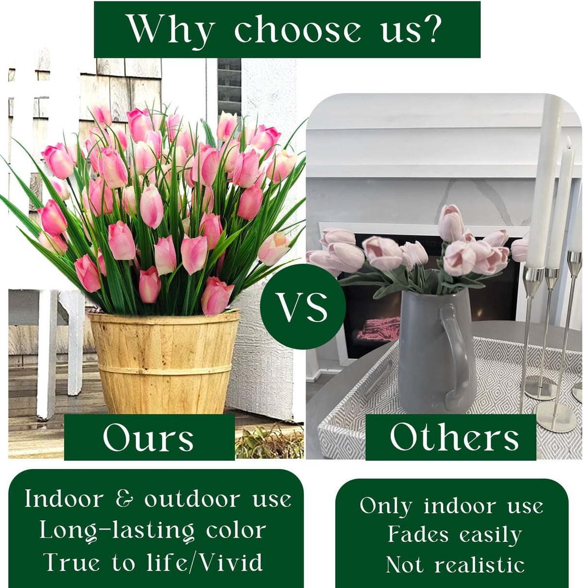 12 Bundles 60 Heads Artificial Tulips Fake Flowers Outdoor UV Resistant Silk Tulip Faux Plastic Greenery Shrubs Plants for Outside Planter Porch Garden Patio Decor (Pink)