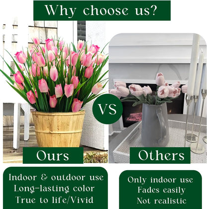 12 Bundles 60 Heads Artificial Tulips Fake Flowers Outdoor UV Resistant Silk Tulip Faux Plastic Greenery Shrubs Plants for Outside Planter Porch Garden Patio Decor (Pink)
