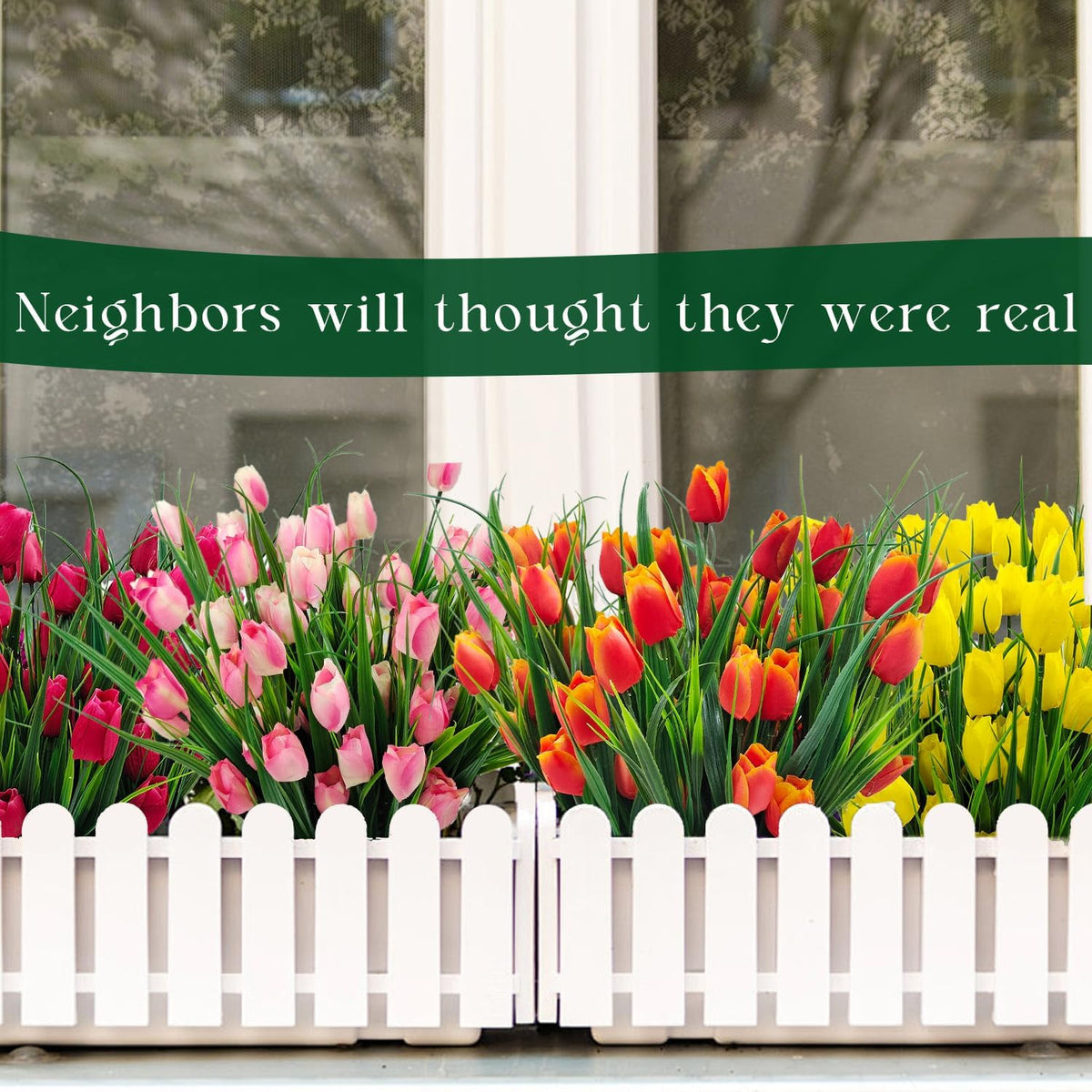 12 Bundles 60 Heads Artificial Tulips Fake Flowers Outdoor UV Resistant Silk Tulip Faux Plastic Greenery Shrubs Plants for Outside Planter Porch Garden Patio Decor (Pink)