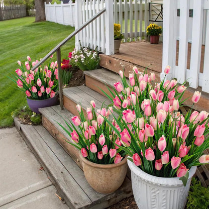 12 Bundles 60 Heads Artificial Tulips Fake Flowers Outdoor UV Resistant Silk Tulip Faux Plastic Greenery Shrubs Plants for Outside Planter Porch Garden Patio Decor (Pink)