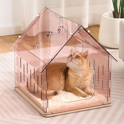 Acrylic Cat House for Indoor Cats, Transparent Cat Bed Cave with Plush Cushion & Hanging Toys, Modern Ventilated Cat Condo with Sturdy Wooden Base for Adult Cats & Kittens up to 15 lbs, Pink