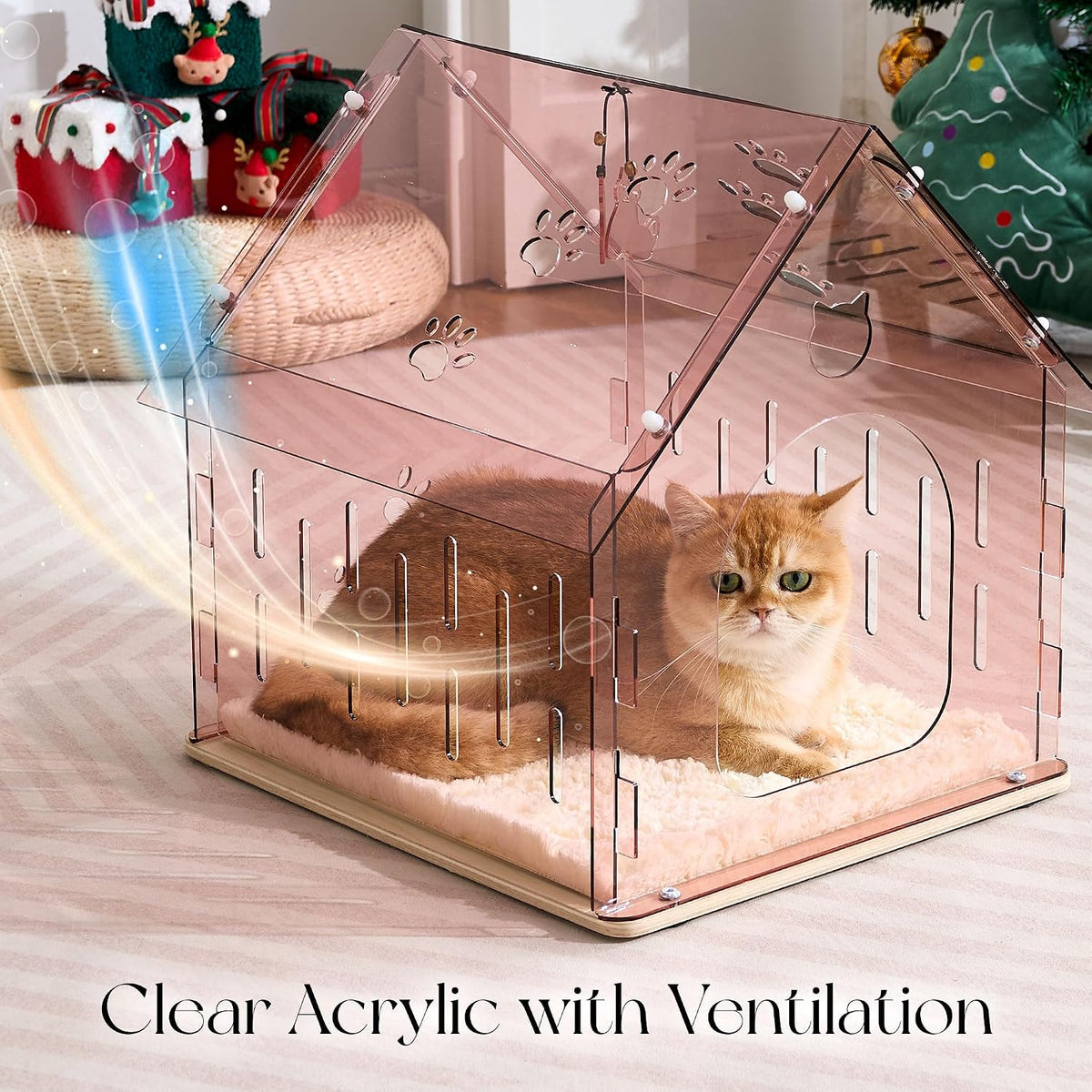 Acrylic Cat House for Indoor Cats, Transparent Cat Bed Cave with Plush Cushion & Hanging Toys, Modern Ventilated Cat Condo with Sturdy Wooden Base for Adult Cats & Kittens up to 15 lbs, Pink