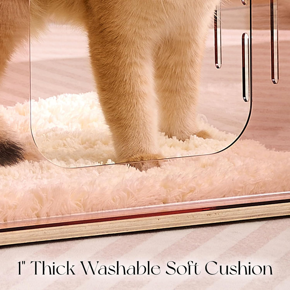 Acrylic Cat House for Indoor Cats, Transparent Cat Bed Cave with Plush Cushion & Hanging Toys, Modern Ventilated Cat Condo with Sturdy Wooden Base for Adult Cats & Kittens up to 15 lbs, Pink