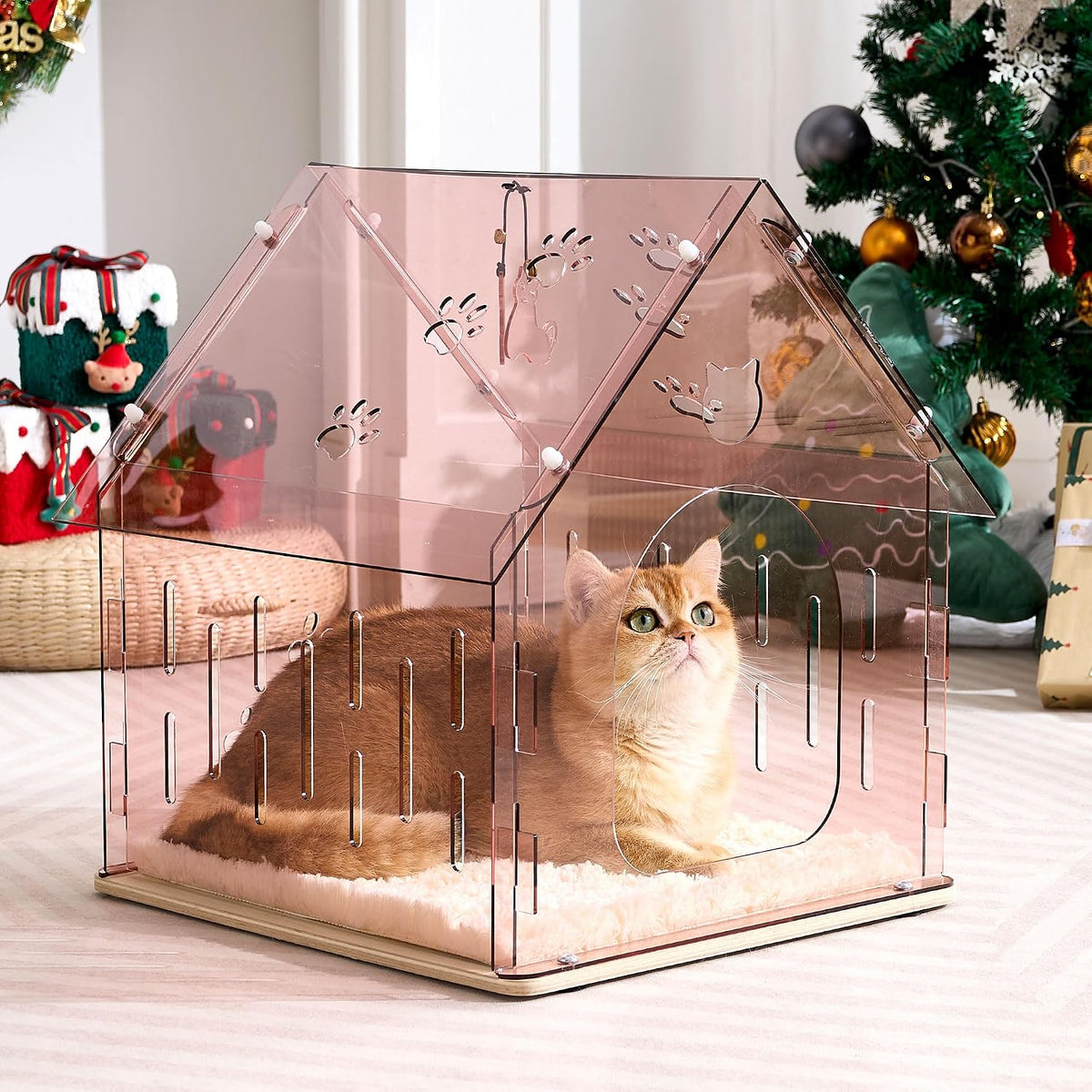 Acrylic Cat House for Indoor Cats, Transparent Cat Bed Cave with Plush Cushion & Hanging Toys, Modern Ventilated Cat Condo with Sturdy Wooden Base for Adult Cats & Kittens up to 15 lbs, Pink