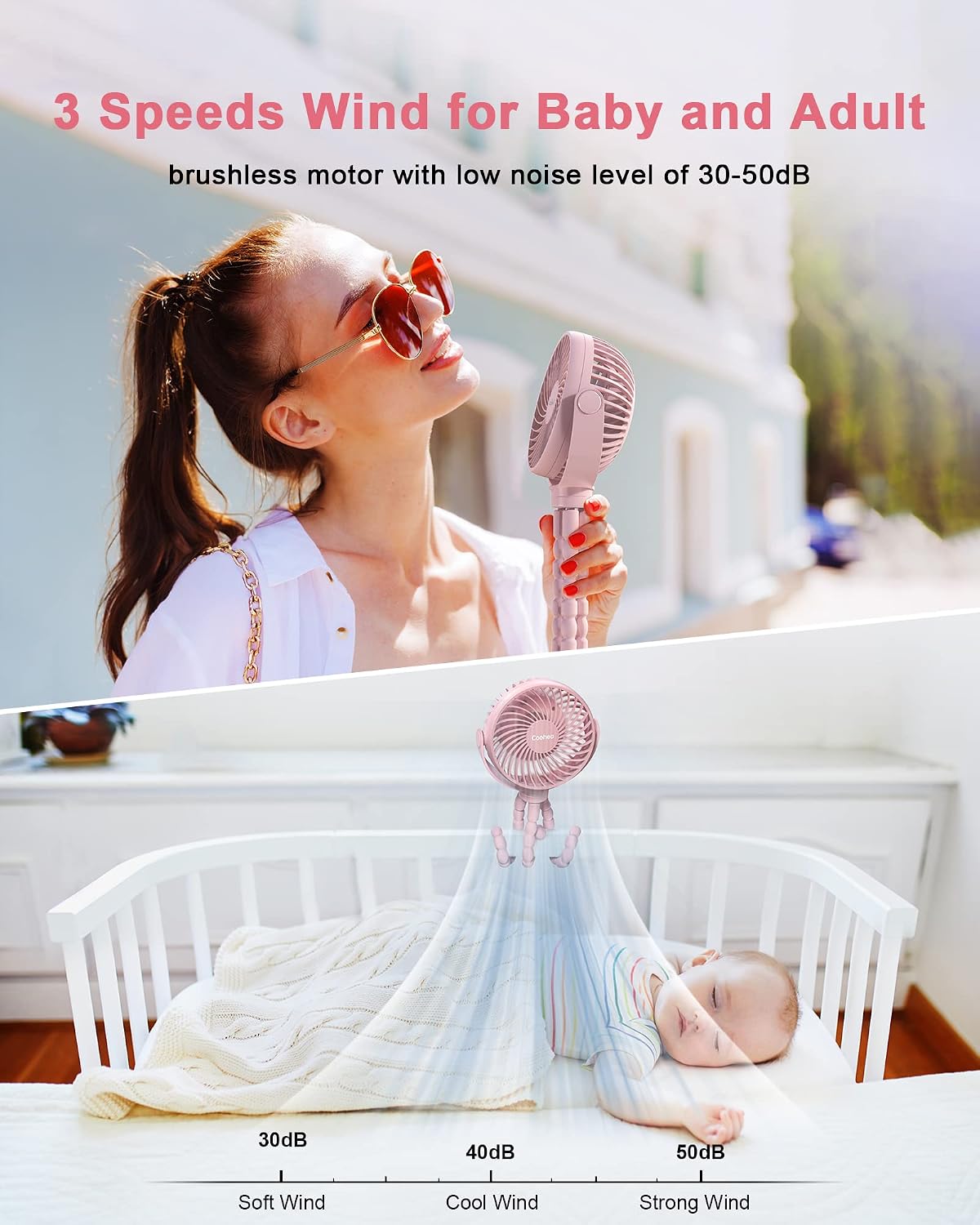 Clip on Stroller Fan, Rechargeable Long-Lasting Power Wind Fan, Pink