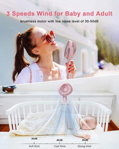 Clip on Stroller Fan, Rechargeable Long-Lasting Power Wind Fan, Pink