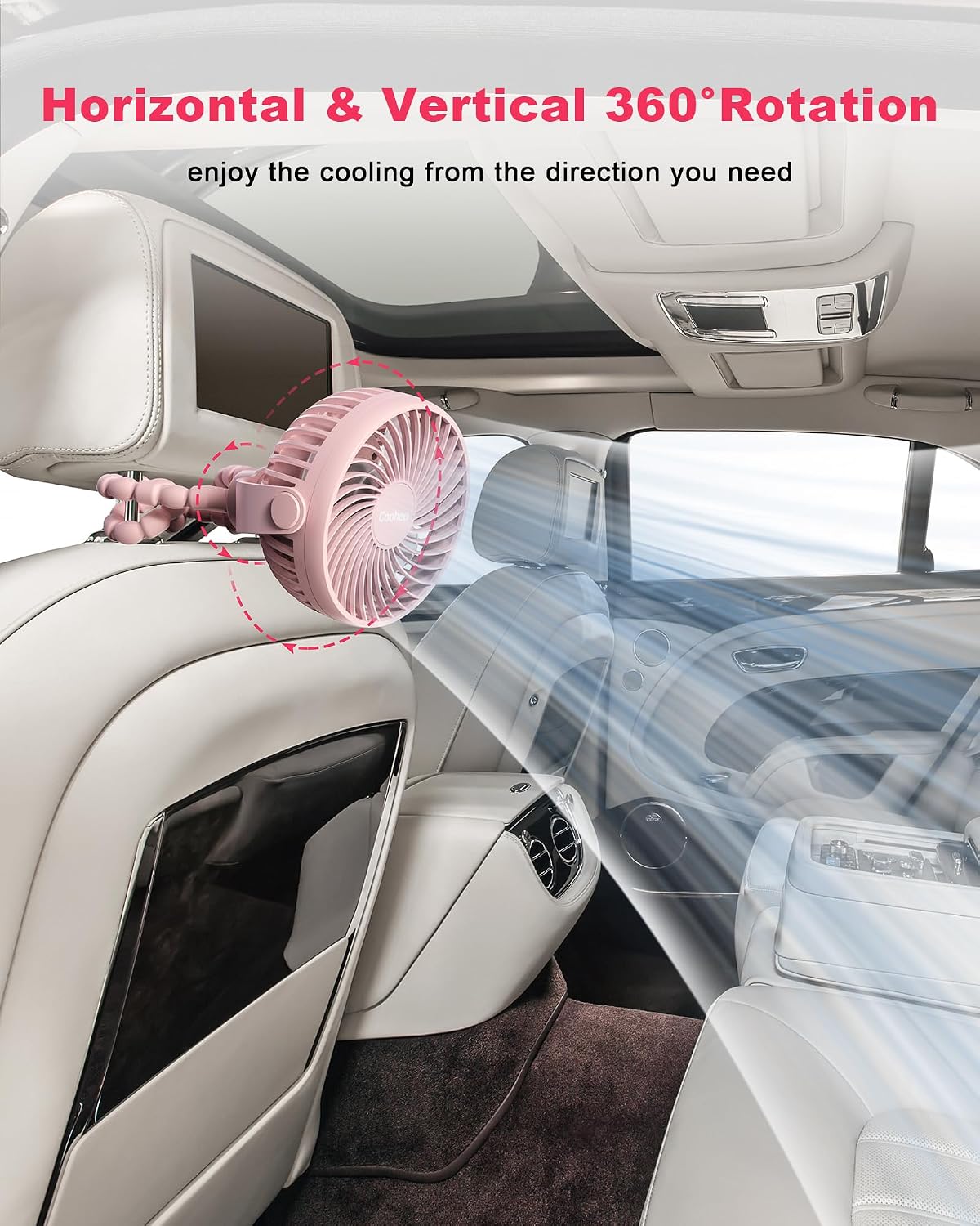 Clip on Stroller Fan, Rechargeable Long-Lasting Power Wind Fan, Pink