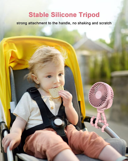 Clip on Stroller Fan, Rechargeable Long-Lasting Power Wind Fan, Pink