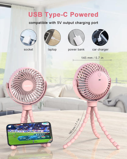 Clip on Stroller Fan, Rechargeable Long-Lasting Power Wind Fan, Pink