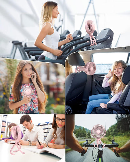 Clip on Stroller Fan, Rechargeable Long-Lasting Power Wind Fan, Pink