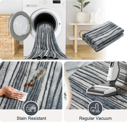 2.6x8 Hallway Runner Rug Washable Kitchen Non Slip Area Rugs Stripe Modern Abstract Throw Rugs Stain Resistant Low Pile Rug for Entryway, Laundry, Bathroom