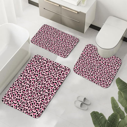 3Pcs Pink Leopard Print Bathroom Mat Set, Cute Girly Cheetah Rugs