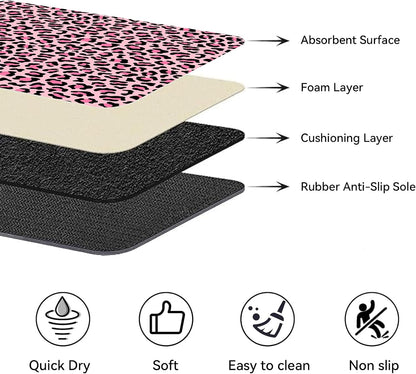 3Pcs Pink Leopard Print Bathroom Mat Set, Cute Girly Cheetah Rugs