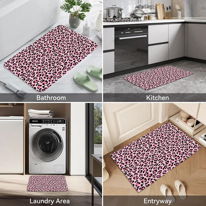 3Pcs Pink Leopard Print Bathroom Mat Set, Cute Girly Cheetah Rugs