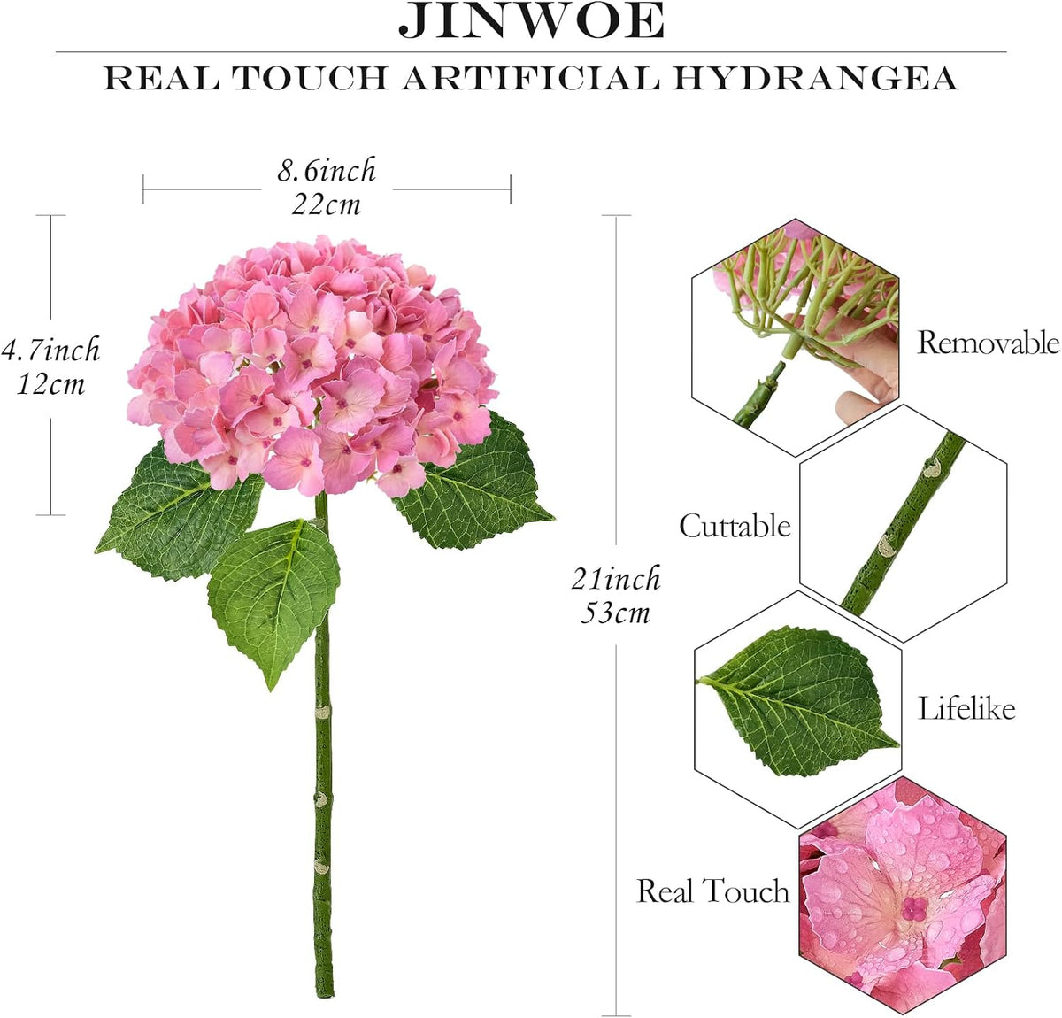 JINWOE Real Touch Artificial Hydrangea Flowers, 3pcs 21" Pink Latex Spring Silk Faux Hydrangea Flowers,Lifelike Artificial Hydrangeas with Stems for Porch Bouquets Wedding Home Baby Showers