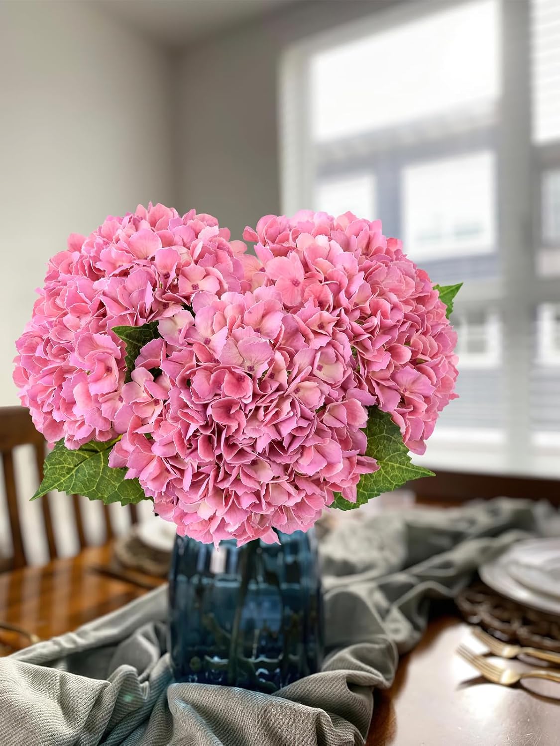 JINWOE Real Touch Artificial Hydrangea Flowers, 3pcs 21" Pink Latex Spring Silk Faux Hydrangea Flowers,Lifelike Artificial Hydrangeas with Stems for Porch Bouquets Wedding Home Baby Showers