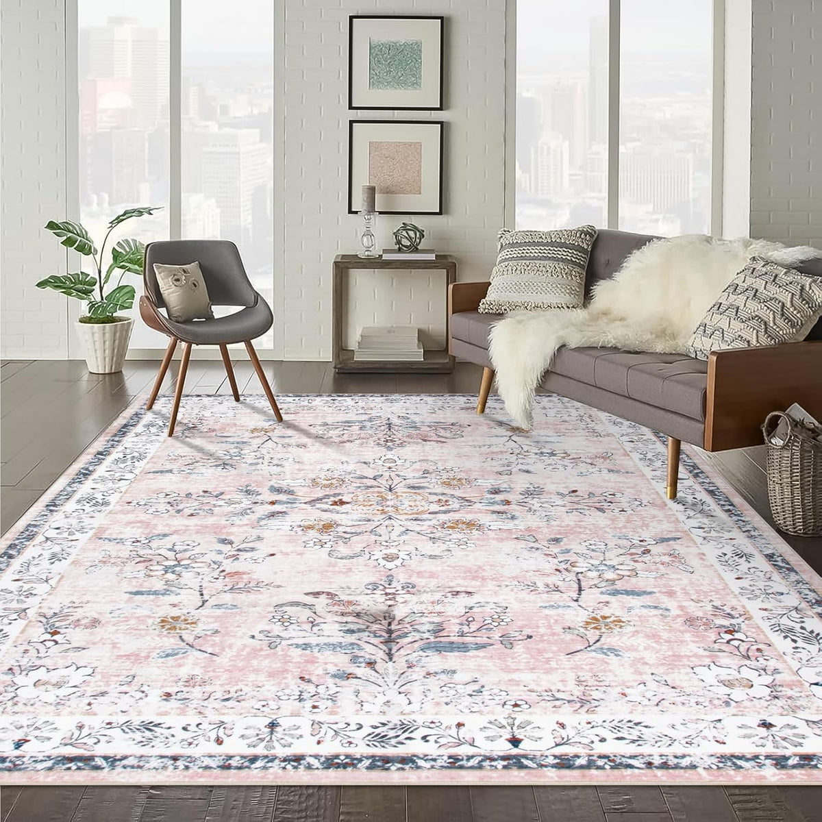 Washable Pink Area Rugs 9x12 for Living Room, Soft Non-Slip Large Pink Rug for Bedroom, Ultra-Thin Faux Wool Rugs Boho Carpet for Girls Room Nursery, Blush/Pinks