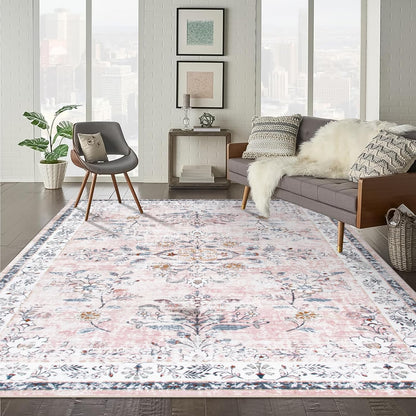 Washable Pink Area Rugs 9x12 for Living Room, Soft Non-Slip Large Pink Rug for Bedroom, Ultra-Thin Faux Wool Rugs Boho Carpet for Girls Room Nursery, Blush/Pinks