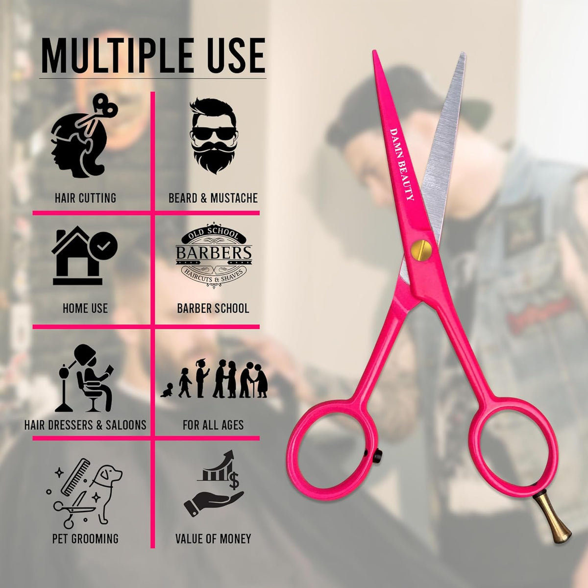 5.5"Professional Hair and Beard Scissor For Men & Women German Shears Use for Facial Hair, Trimming, Grooming, Cutting, and Styling of Beard (Pink)